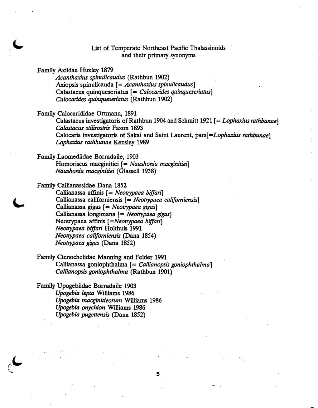 List of Temperate Northeast Pacific Thalassinoids and Their Primaiy Synonyms