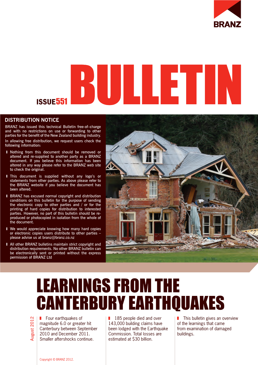 BRANZ Bulletin 551 – Learning's from the Canterbury Earthquakes