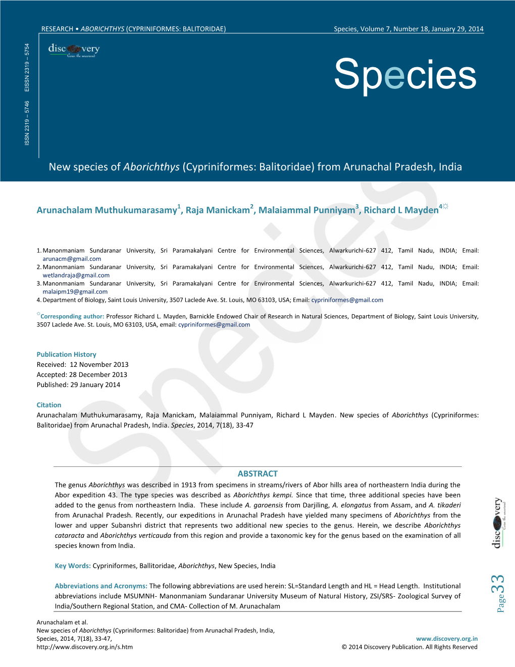 Species, Volume 7, Number 18, January 29, 2014 754 5 –