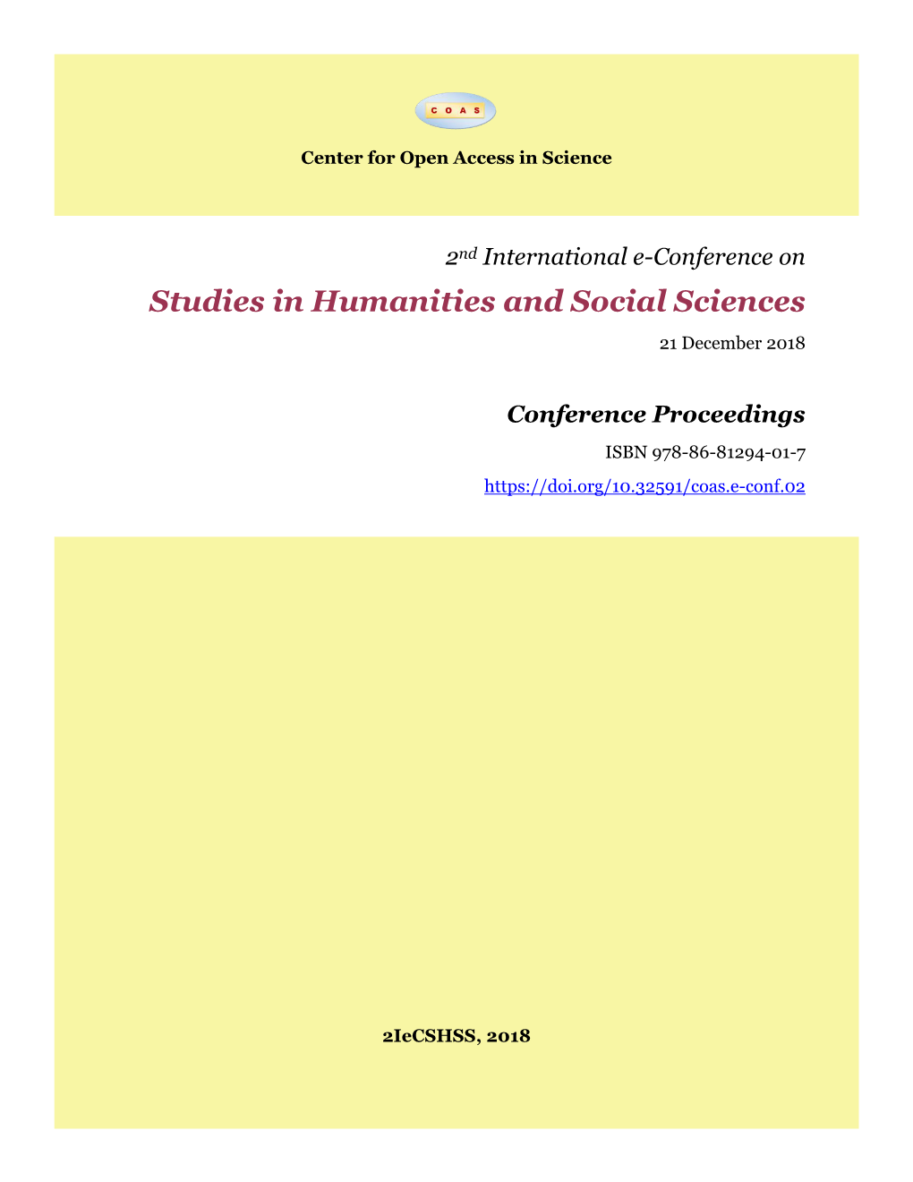 Studies in Humanities and Social Sciences 21 December 2018