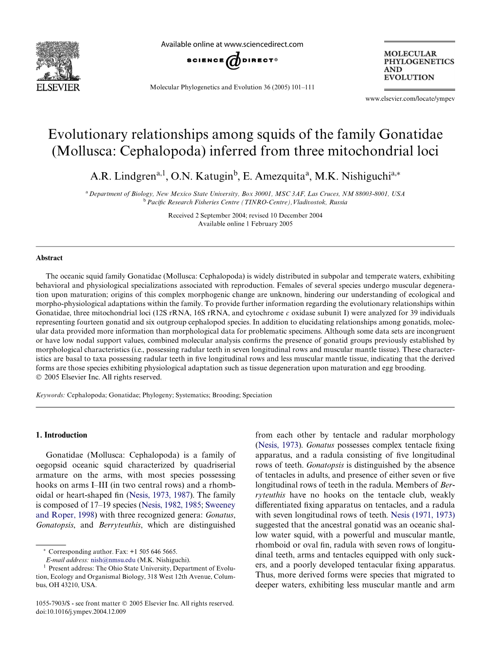 Evolutionary Relationships Among Squids of the Family Gonatidae (Mollusca: Cephalopoda) Inferred from Three Mitochondrial Loci