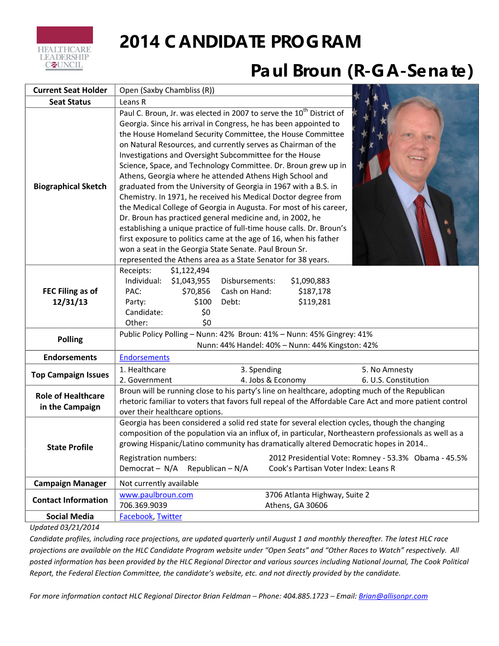 2014 CANDIDATE PROGRAM Paul Broun (R-GA-Senate)