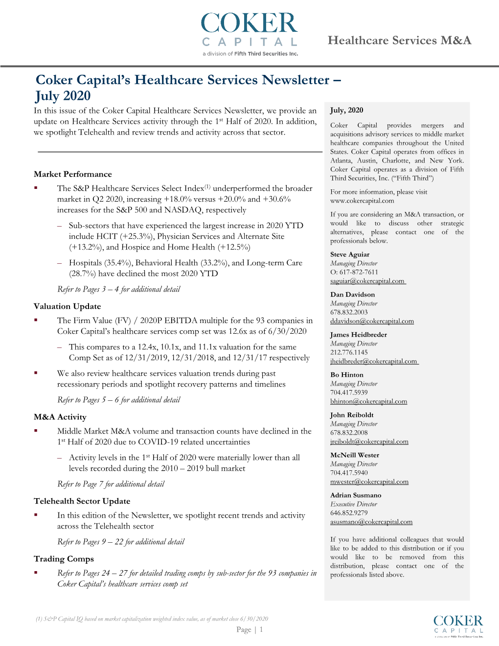 Coker Capital's Healthcare Services Newsletter – July 2020