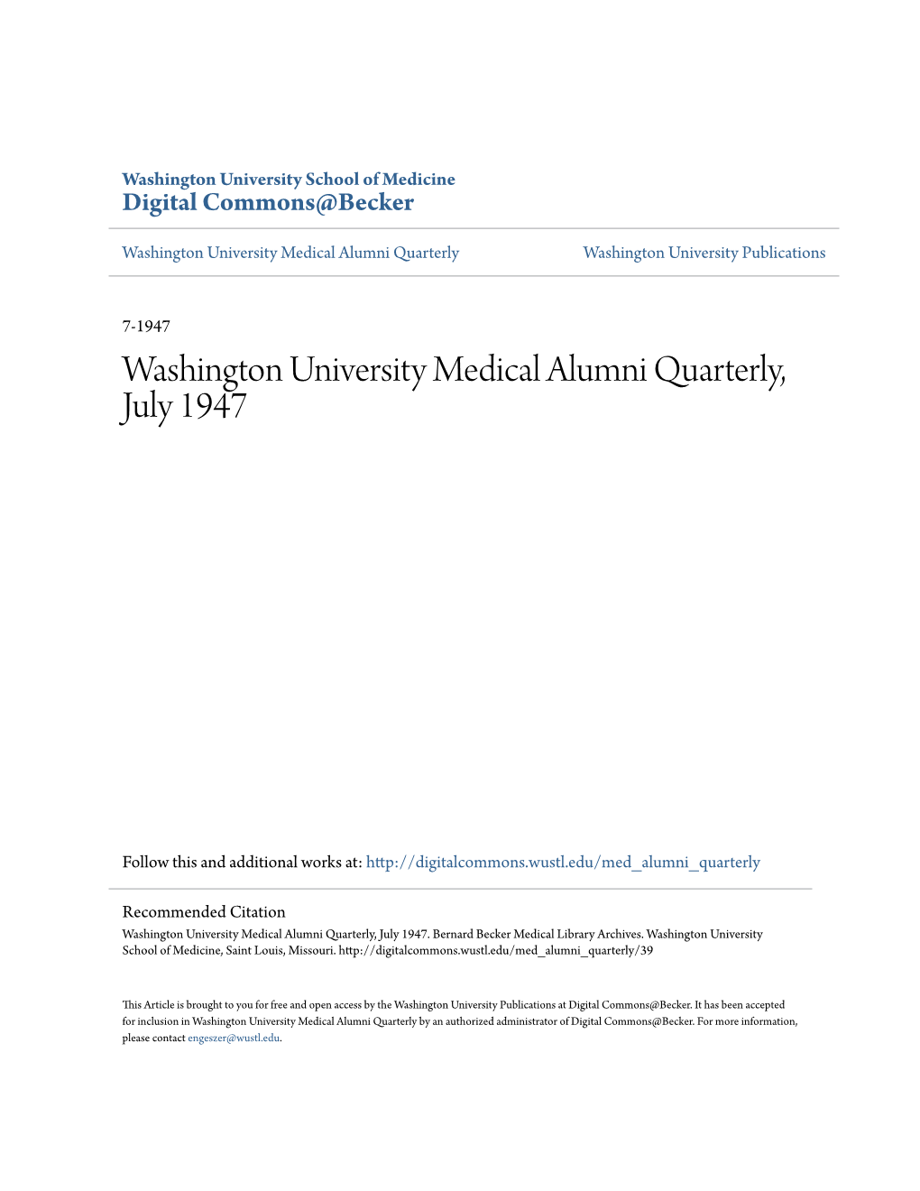 Washington University Medical Alumni Quarterly, July 1947