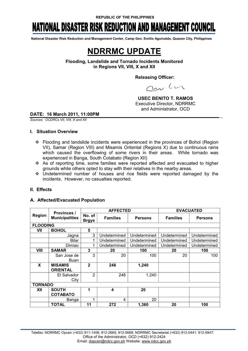 NDRRMC Update Re Flooding Incidents in Regions 7,8,10,12 March 16, 2011