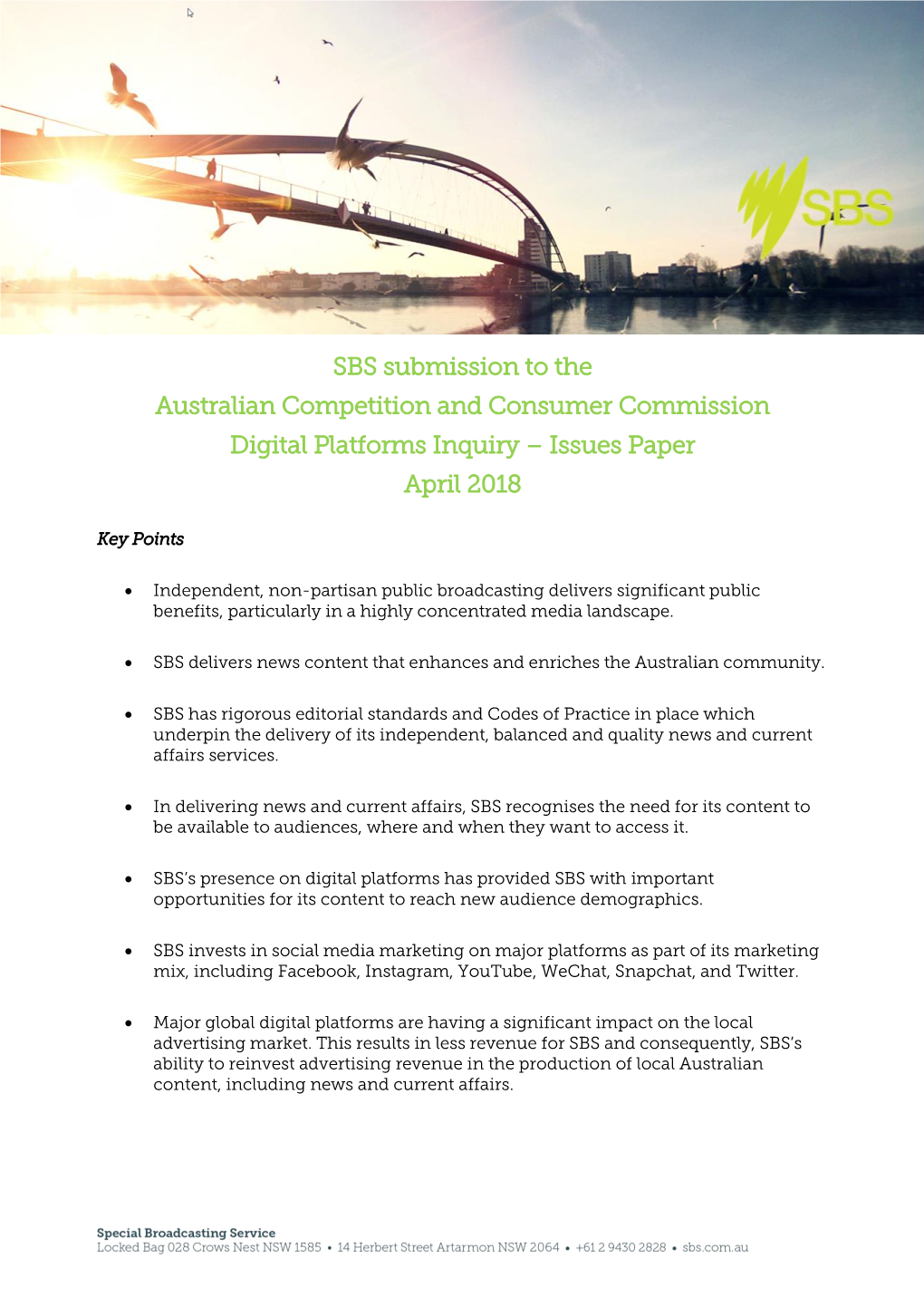 SBS Submission to the Australian Competition and Consumer Commission Digital Platforms Inquiry – Issues Paper April 2018