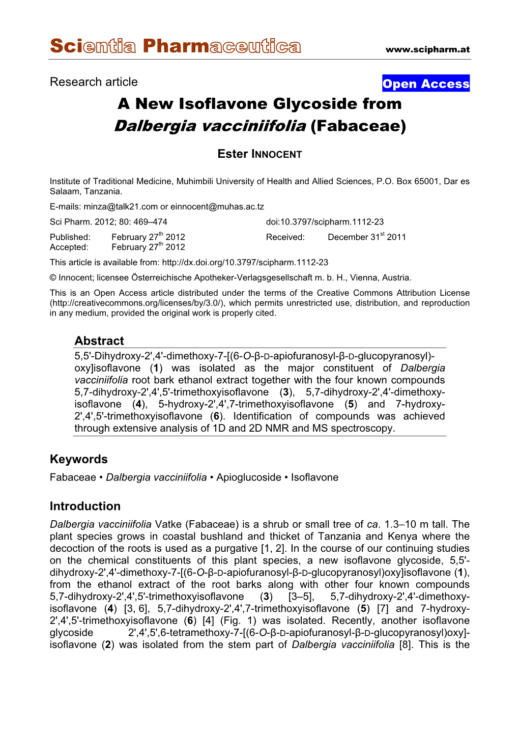 A New Isoflavone Glycoside from Dalbergia Vacciniifolia (Fabaceae)