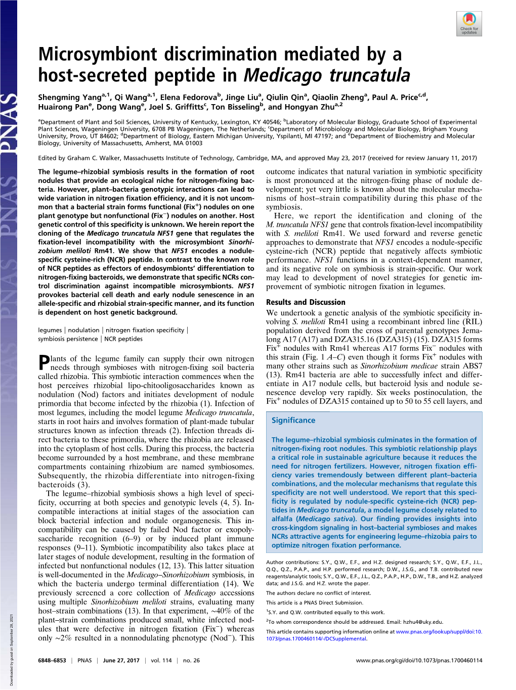 Microsymbiont Discrimination Mediated by a Host-Secreted Peptide in Medicago Truncatula