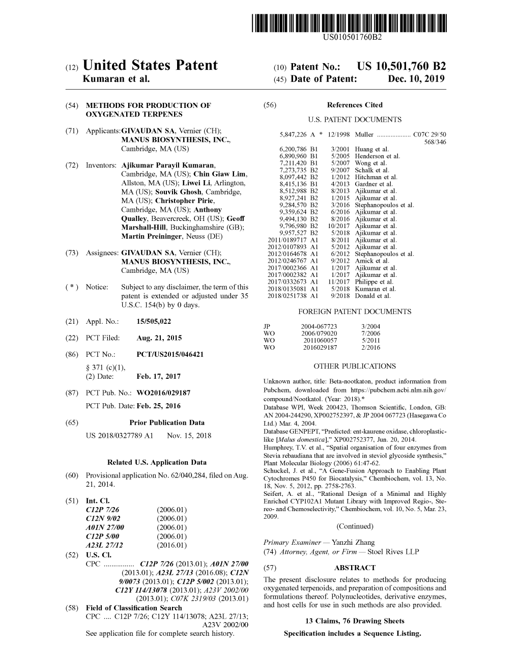 United States Patent (10 ) Patent No.: US 10,501,760 B2 Kumaran Et Al