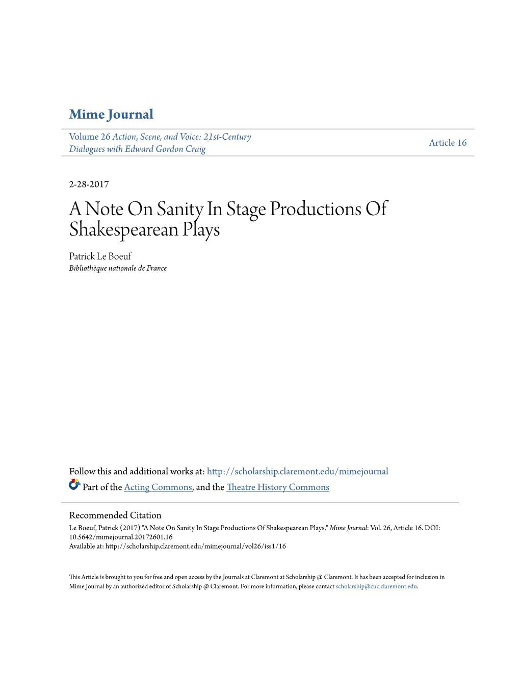 A Note on Sanity in Stage Productions of Shakespearean Plays Patrick Le Boeuf Bibliothèque Nationale De France