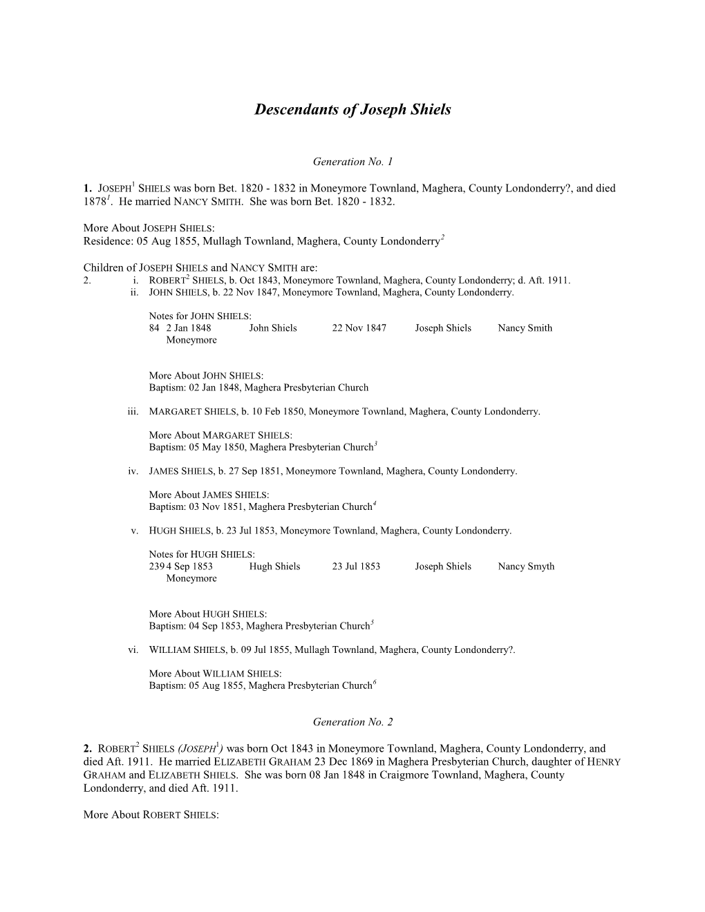 Descendants of Joseph Shiels Moneymore