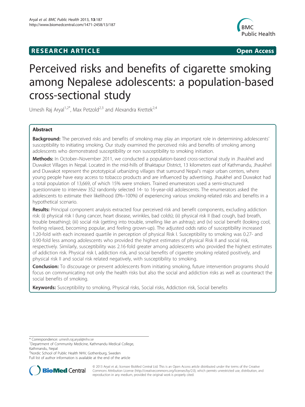 Perceived Risks and Benefits of Cigarette Smoking Among Nepalese