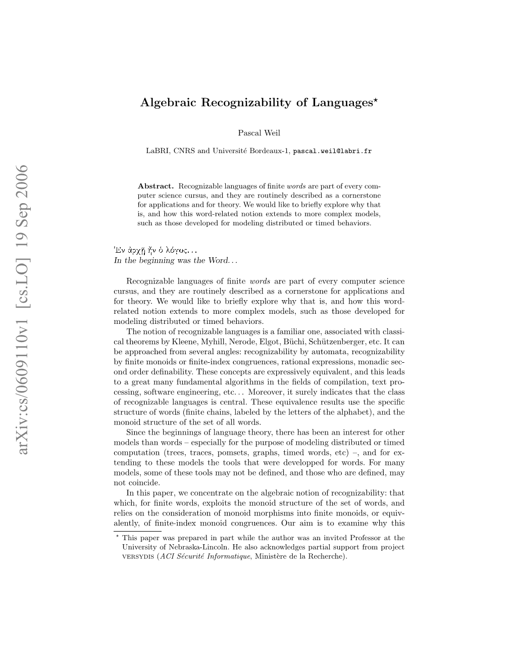 Arxiv:Cs/0609110V1 [Cs.LO] 19 Sep 2006 Ntebgnigwstewr