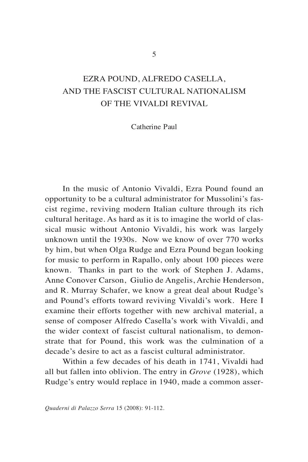 Ezra Pound, Alfredo Casella, and the Fascist Cultural Nationalism of the Vivaldi Revival