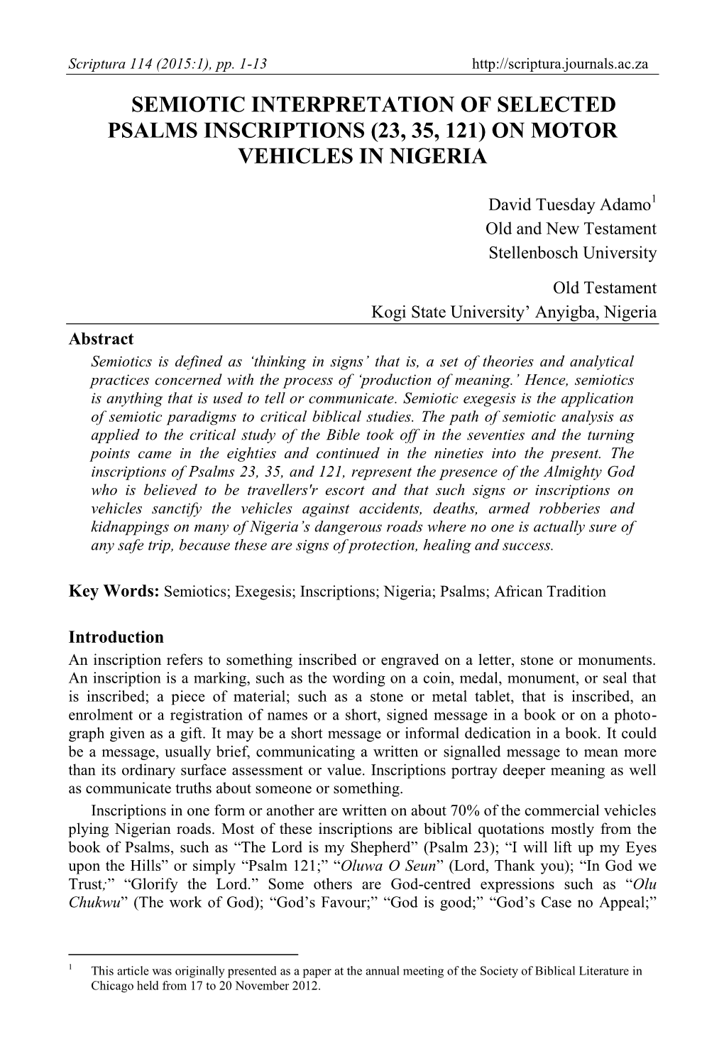 Semiotic Interpretation of Selected Psalms Inscriptions (23, 35, 121) on Motor Vehicles in Nigeria