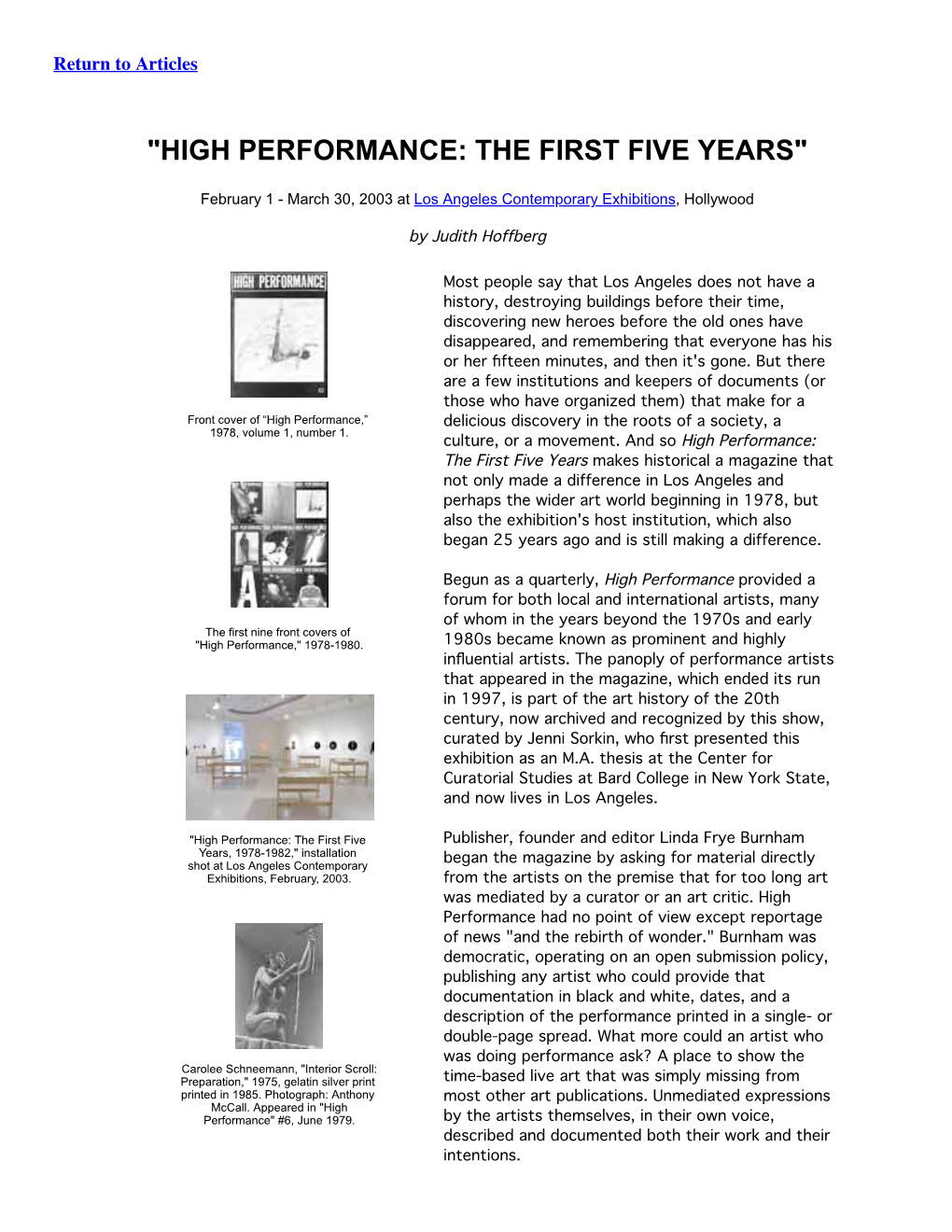 Judith Hoffberg Review of High Performance from 2003