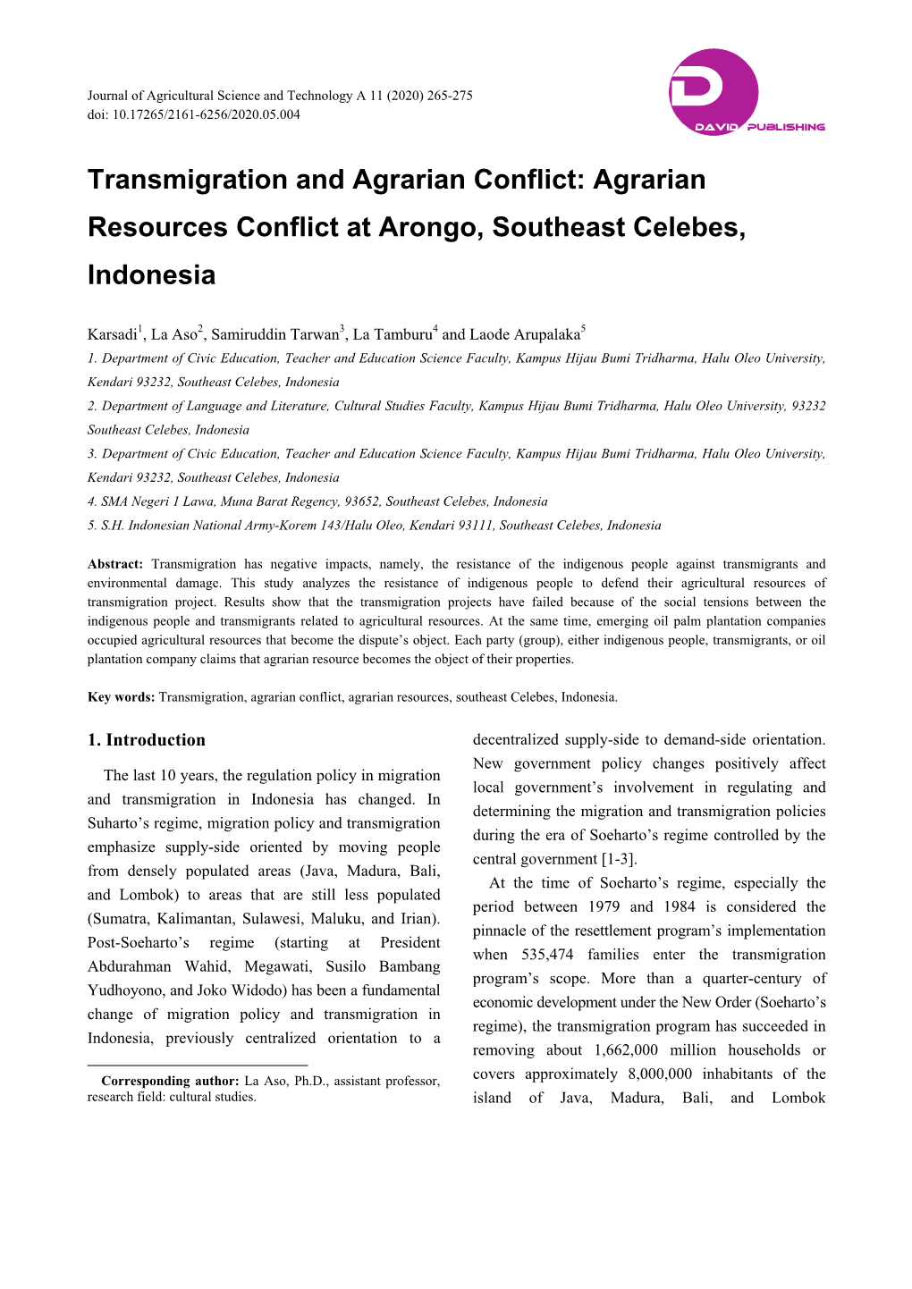 Agrarian Resources Conflict at Arongo, Southeast Celebes, Indonesia