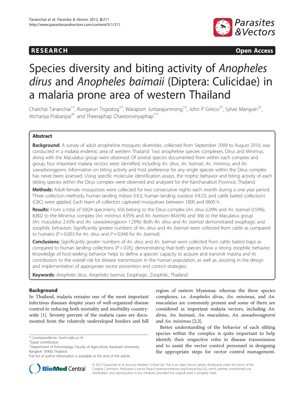 Species Diversity and Biting Activity of Anopheles Dirus and Anopheles