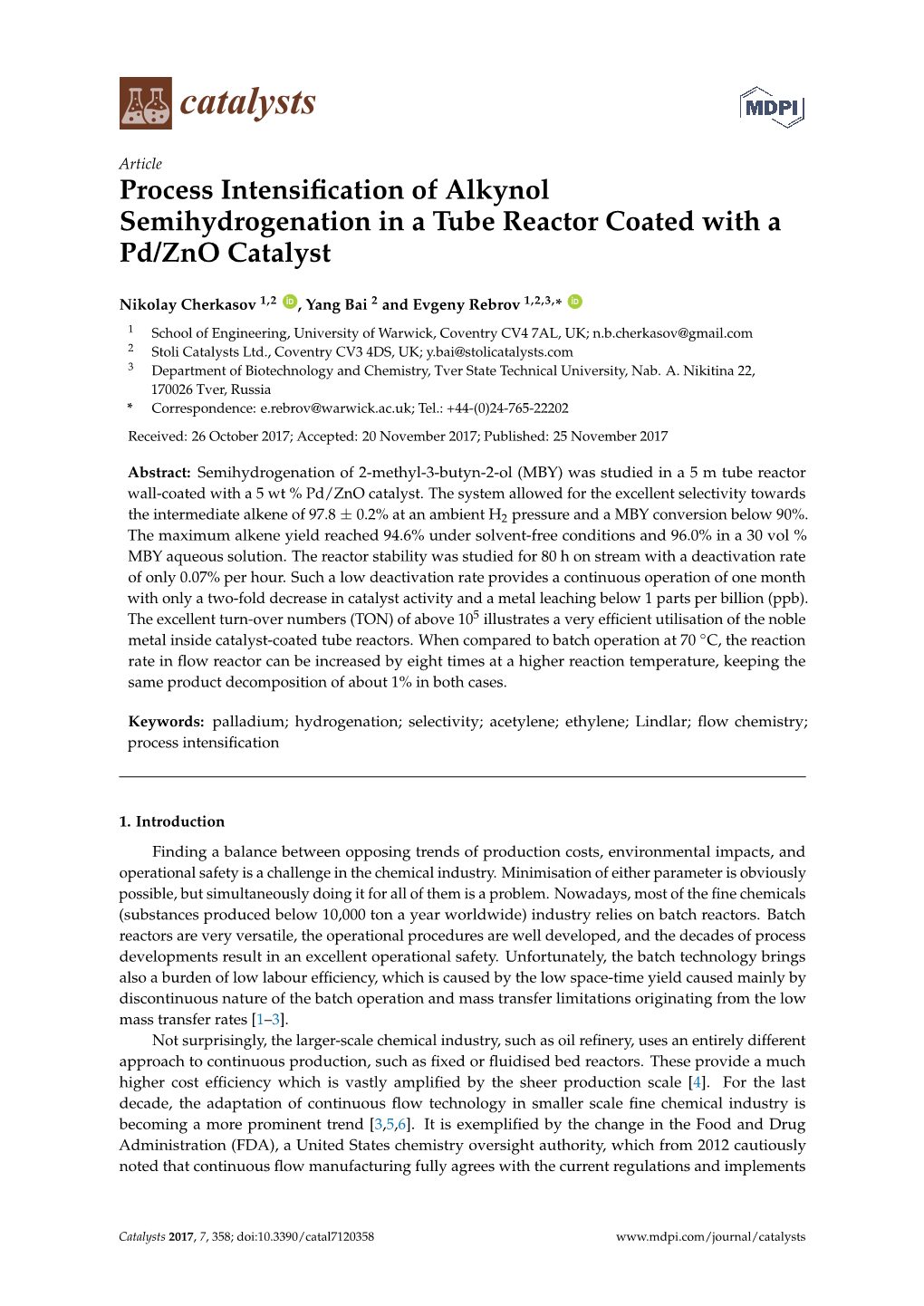 Process Intensification of Alkynol Semihydrogenation in a Tube