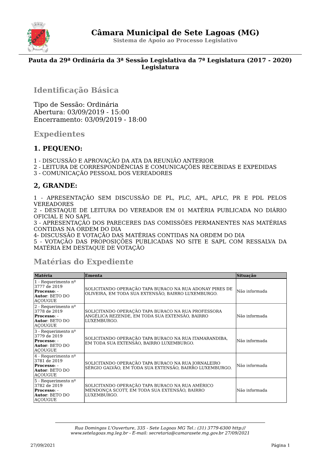 Câmara Municipal De Sete Lagoas (MG) Sistema De Apoio Ao Processo Legislativo