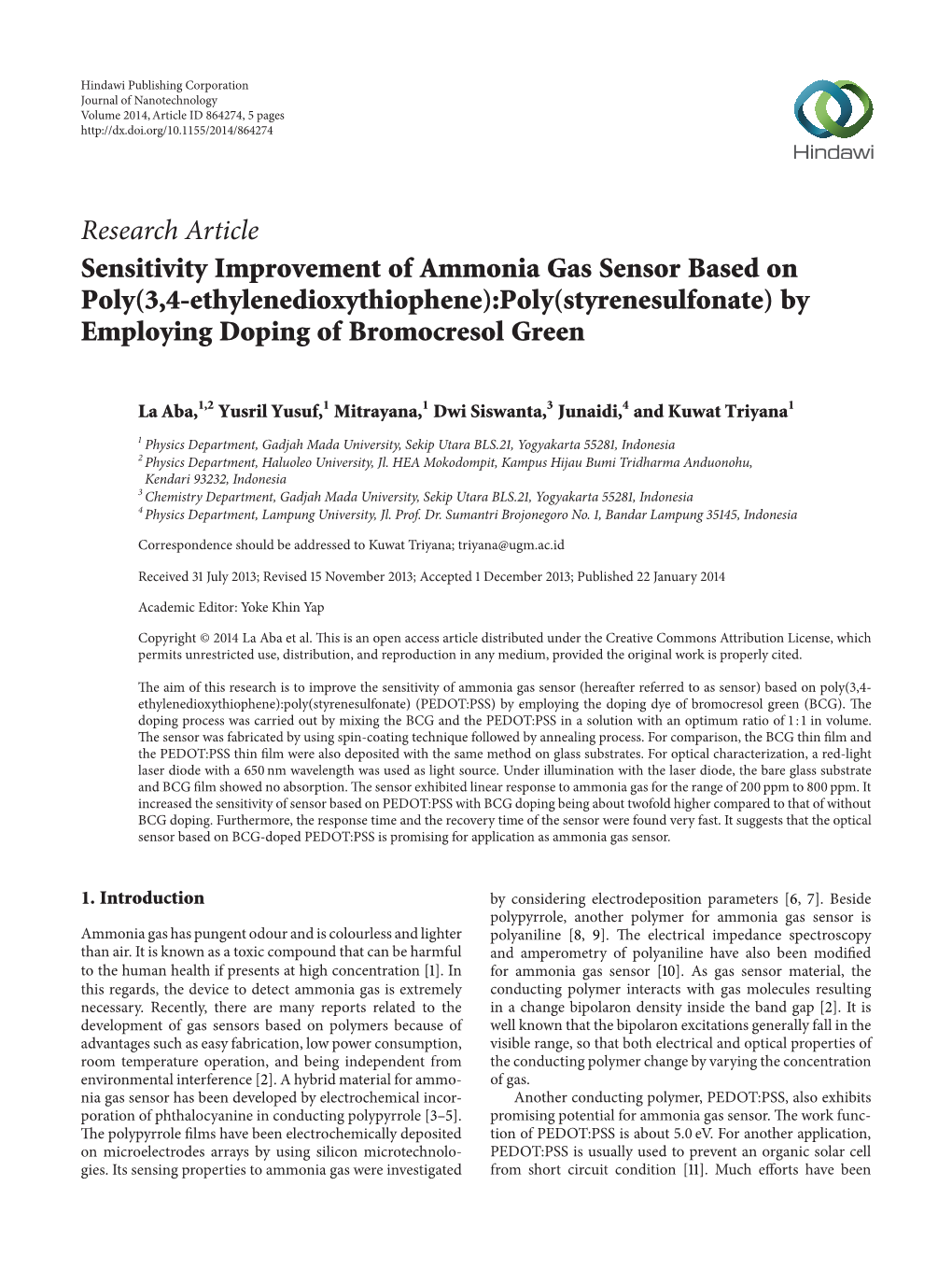 Sensitivity Improvement of Ammonia Gas Sensor Based on Poly (3, 4