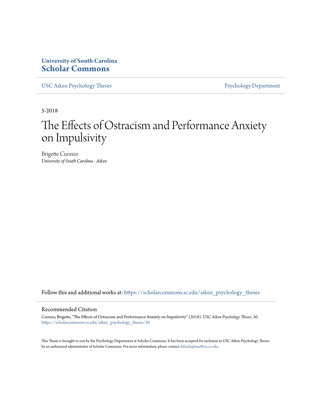 The Effects of Ostracism and Performance Anxiety on Impulsivity