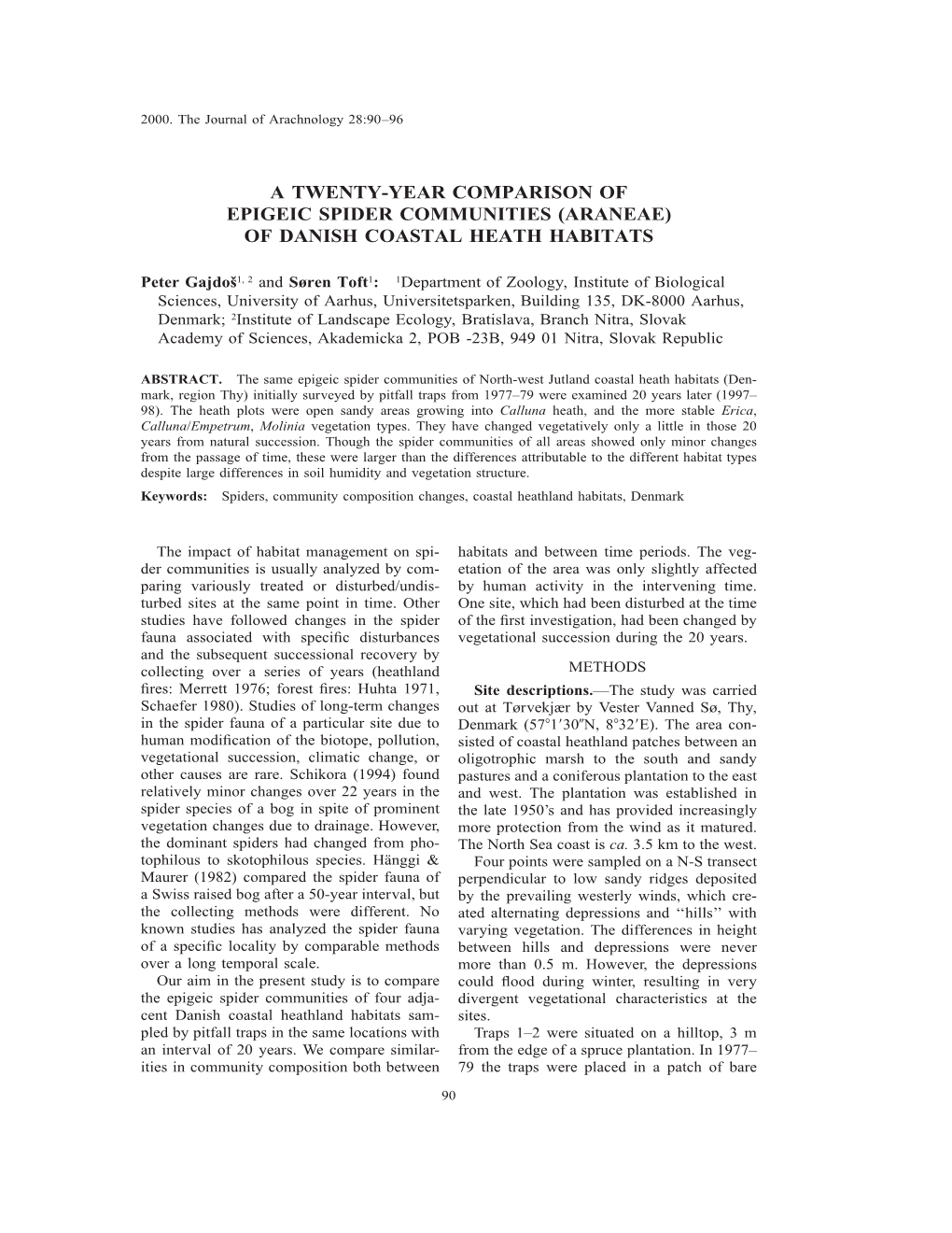 A Twenty-Year Comparison of Epigeic Spider Communities (Araneae) of Danish Coastal Heath Habitats