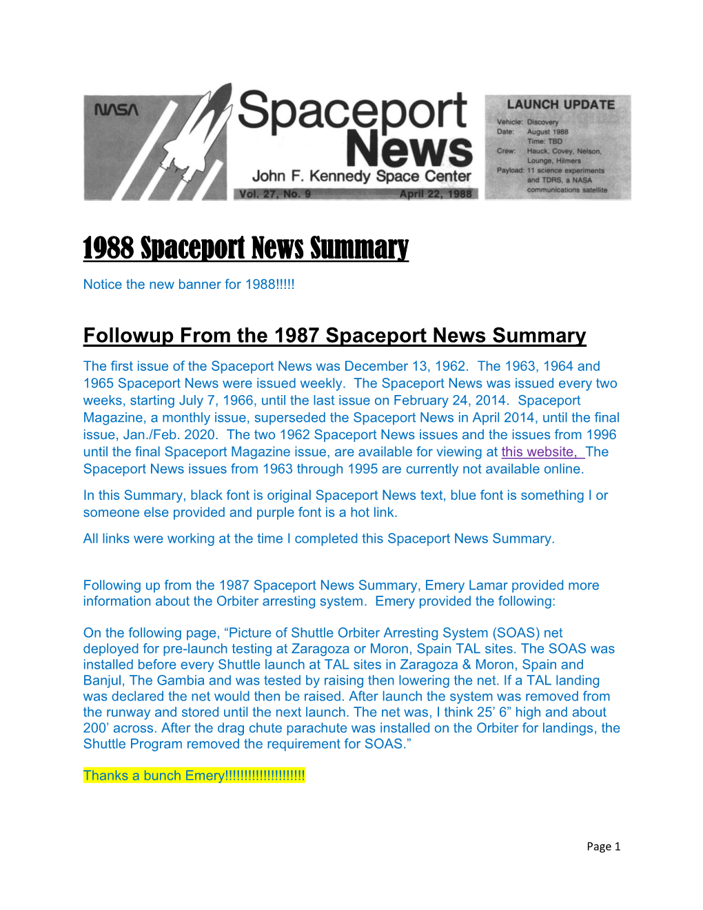 1988 Spaceport News Summary