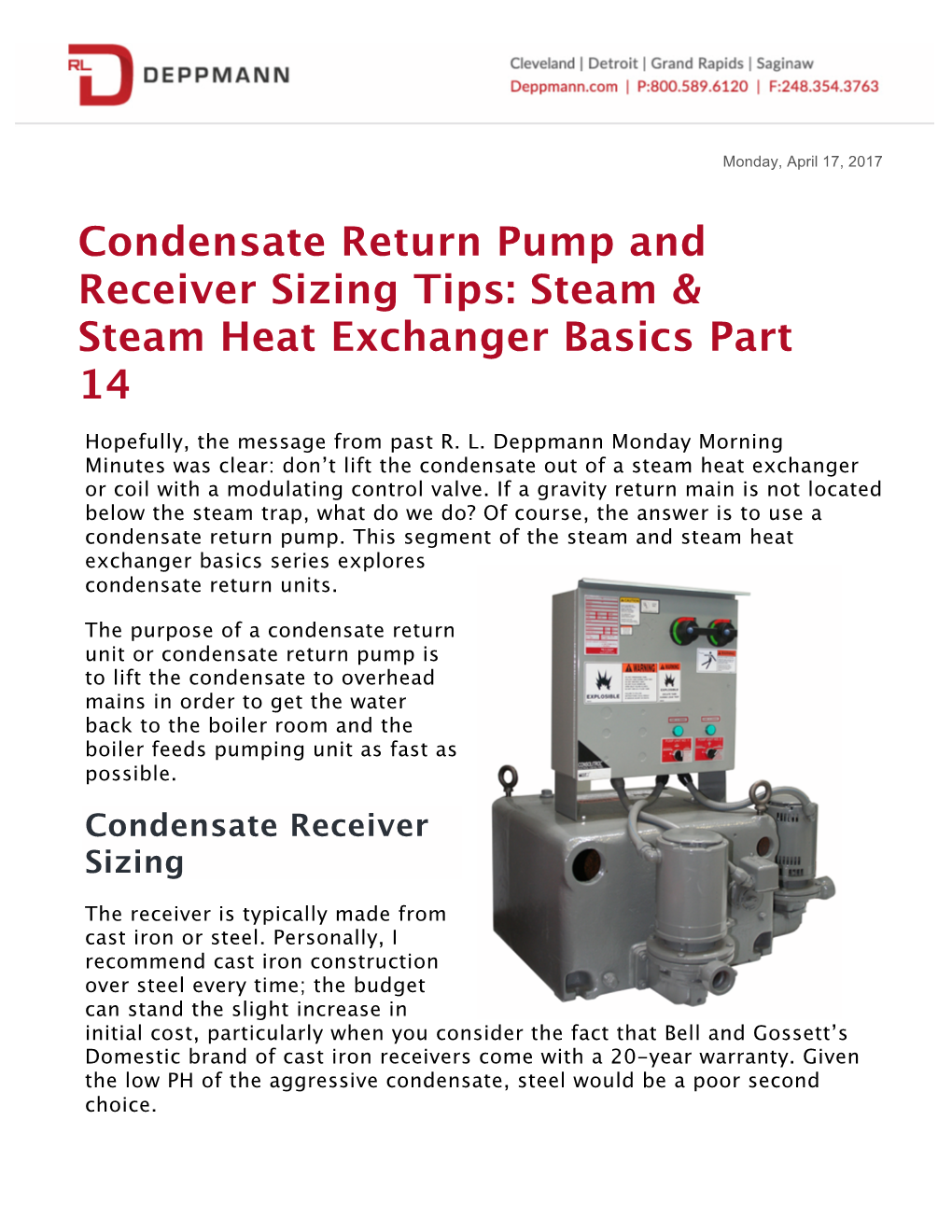 Condensate Return Pump and Receiver Sizing Tips: Steam & Steam Heat Exchanger Basics Part 14