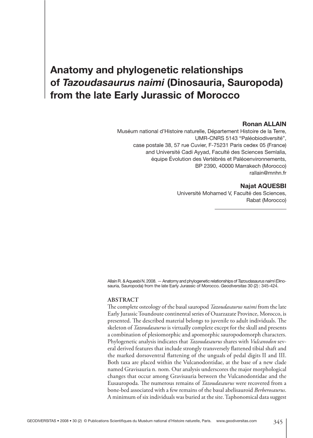 Anatomy and Phylogenetic Relationships of Tazoudasaurus Naimi (Dinosauria, Sauropoda) from the Late Early Jurassic of Morocco