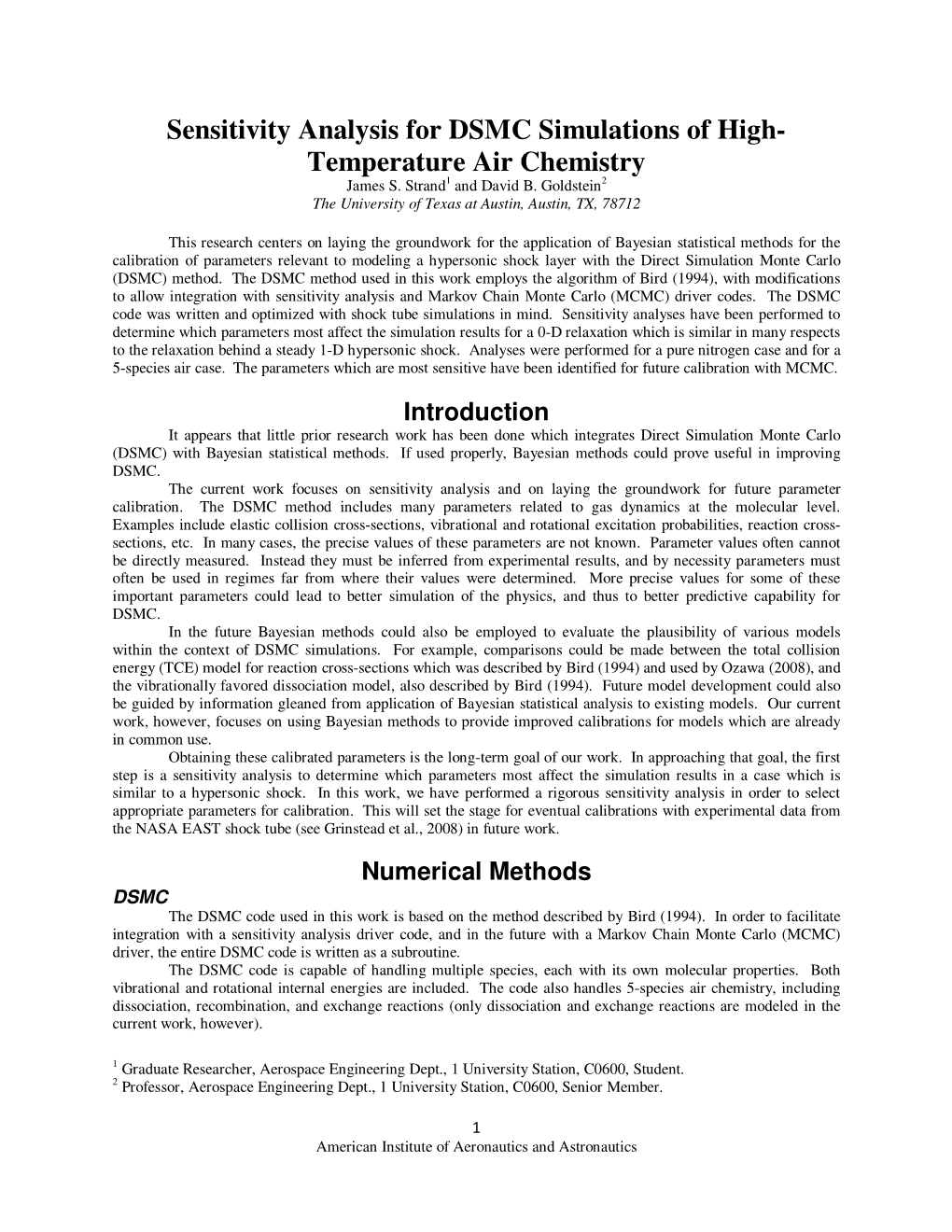 Sensitivity Analysis for DSMC Simulations of High- Temperature Air Chemistry James S