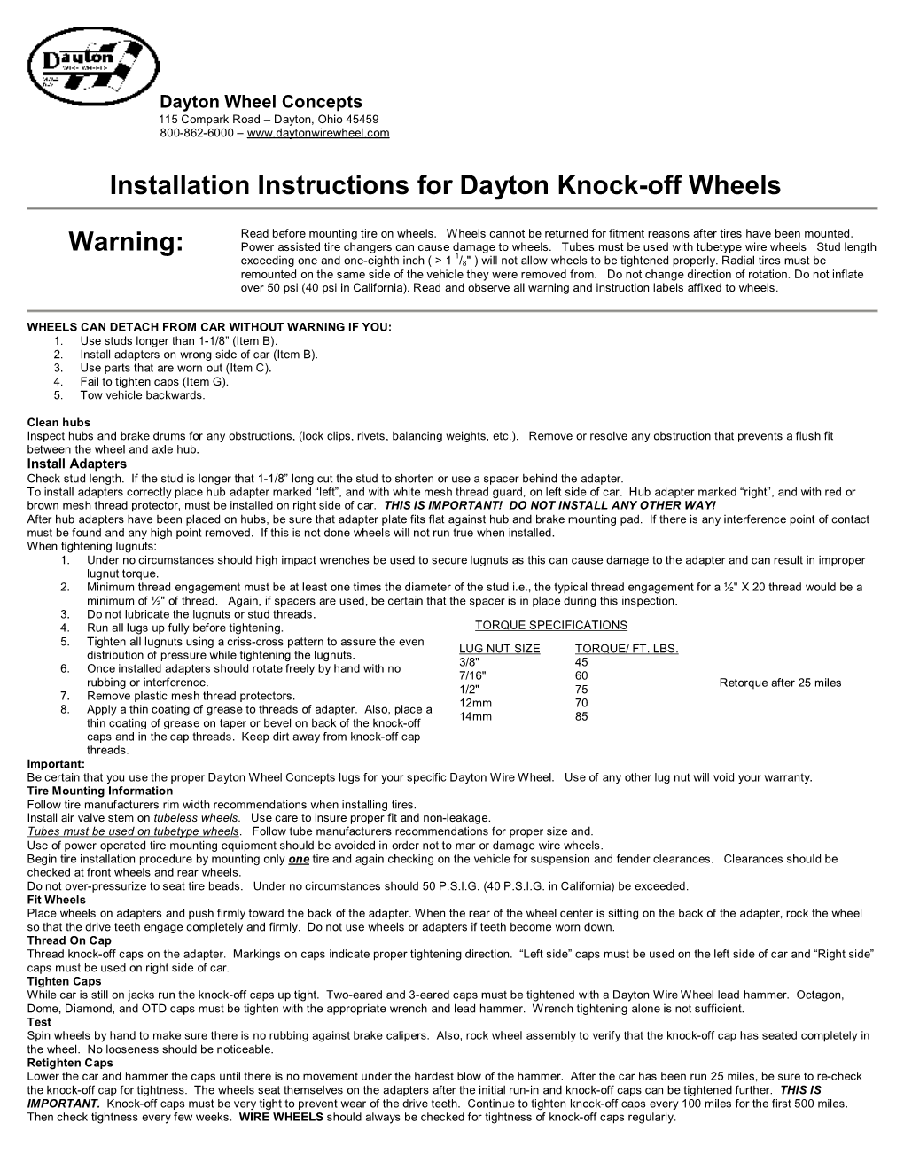 Installation Instructions for Dayton Knock-Off Wheels