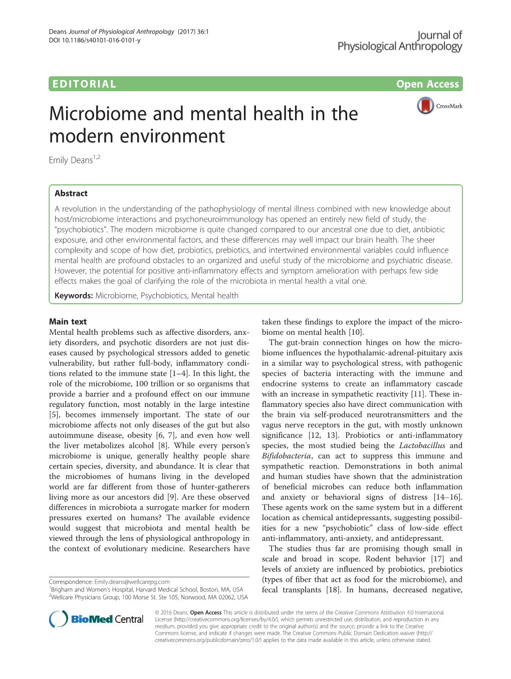 Microbiome and Mental Health in the Modern Environment Emily Deans1,2