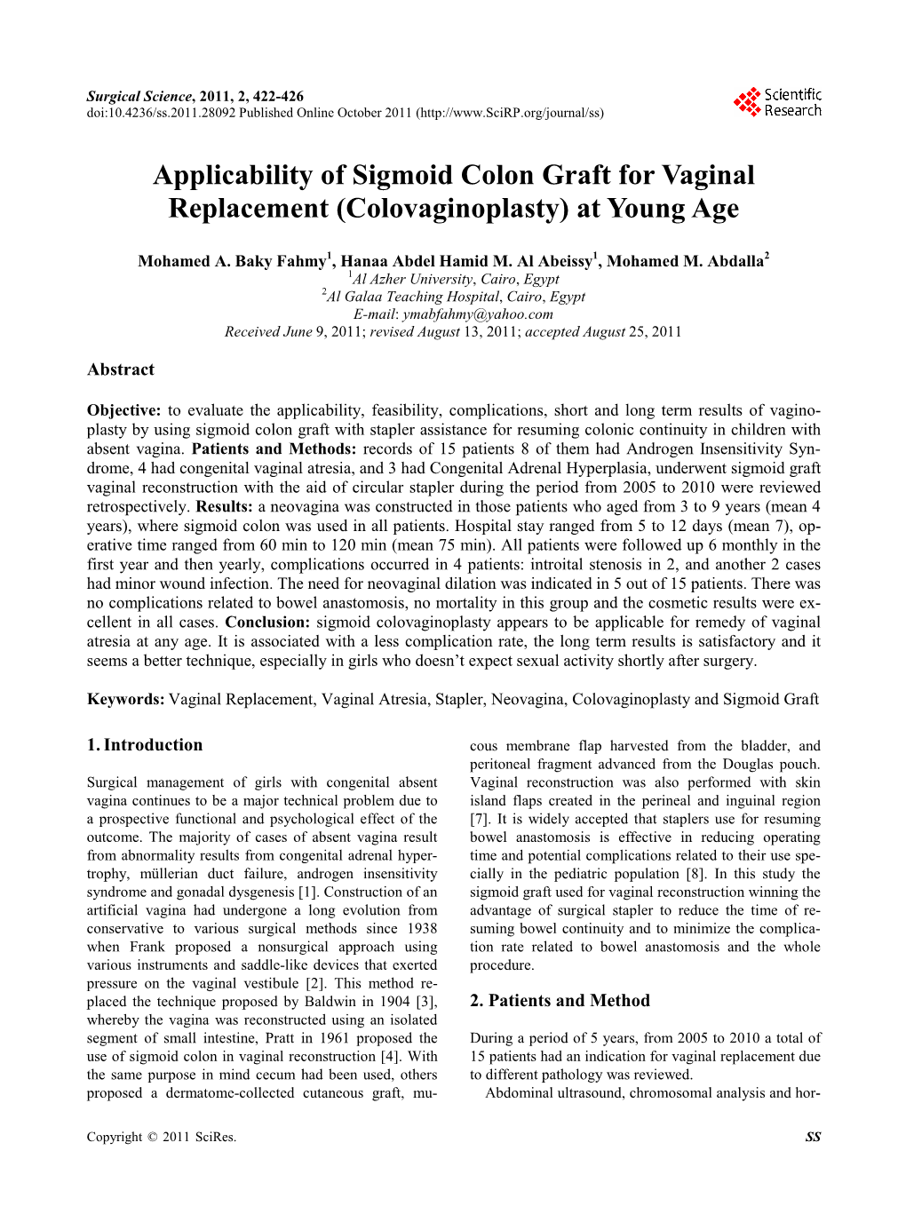 Applicability of Sigmoid Colon Graft for Vaginal Replacement (Colovaginoplasty) at Young Age