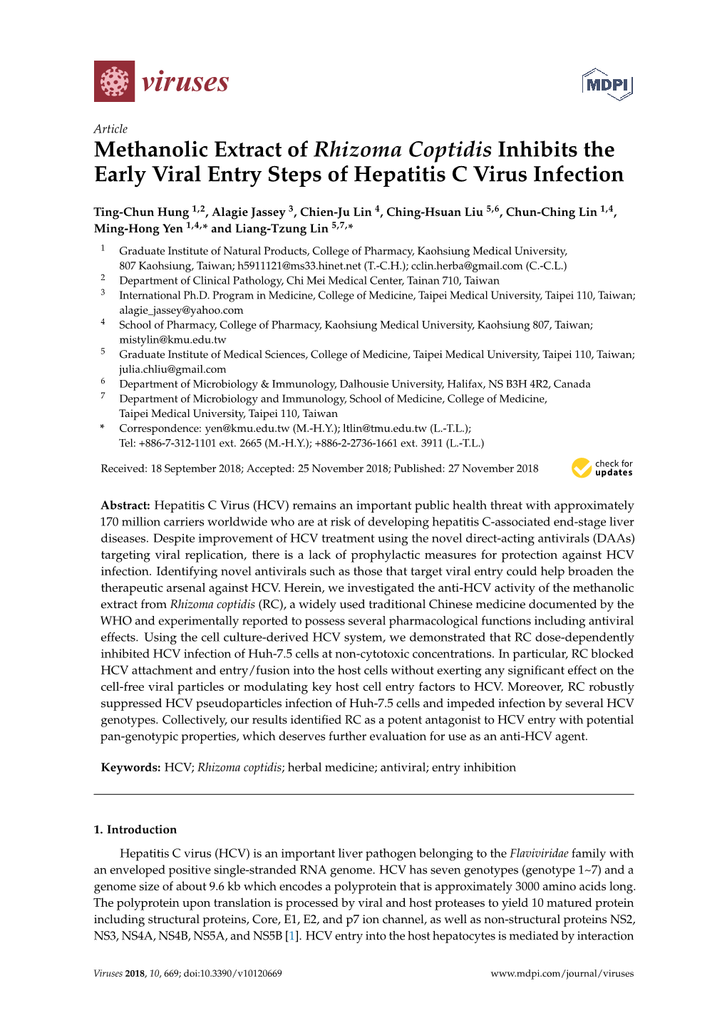 Methanolic Extract of Rhizoma Coptidis Inhibits the Early Viral Entry Steps of Hepatitis C Virus Infection