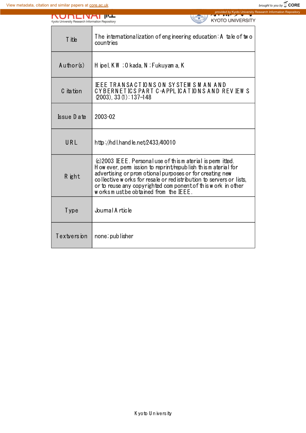 Title the Internationalization of Engineering Education