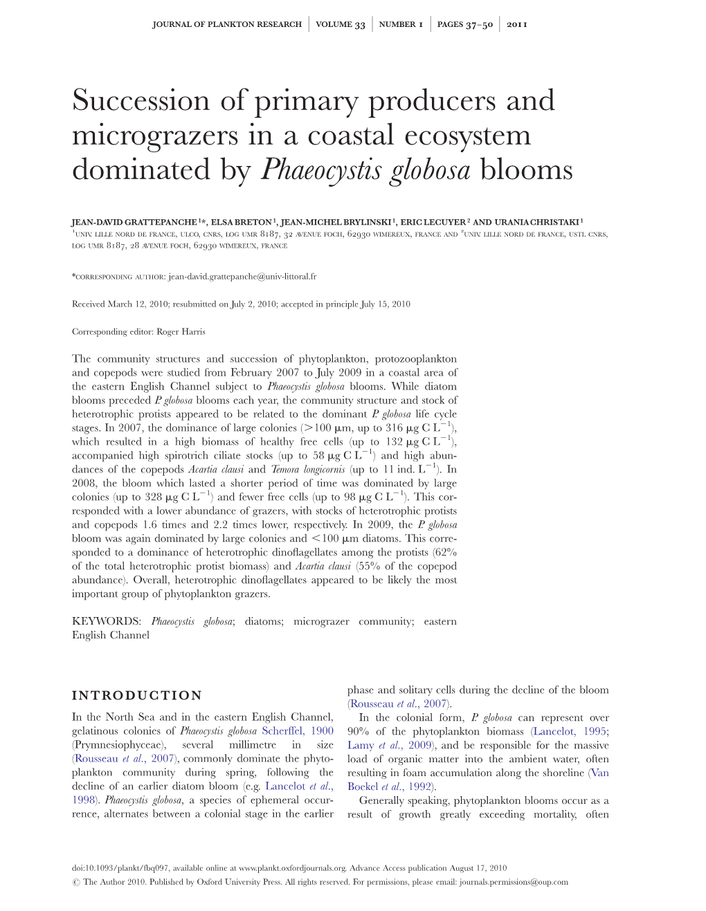 Succession of Primary Producers and Micrograzers in a Coastal Ecosystem Dominated by Phaeocystis Globosa Blooms