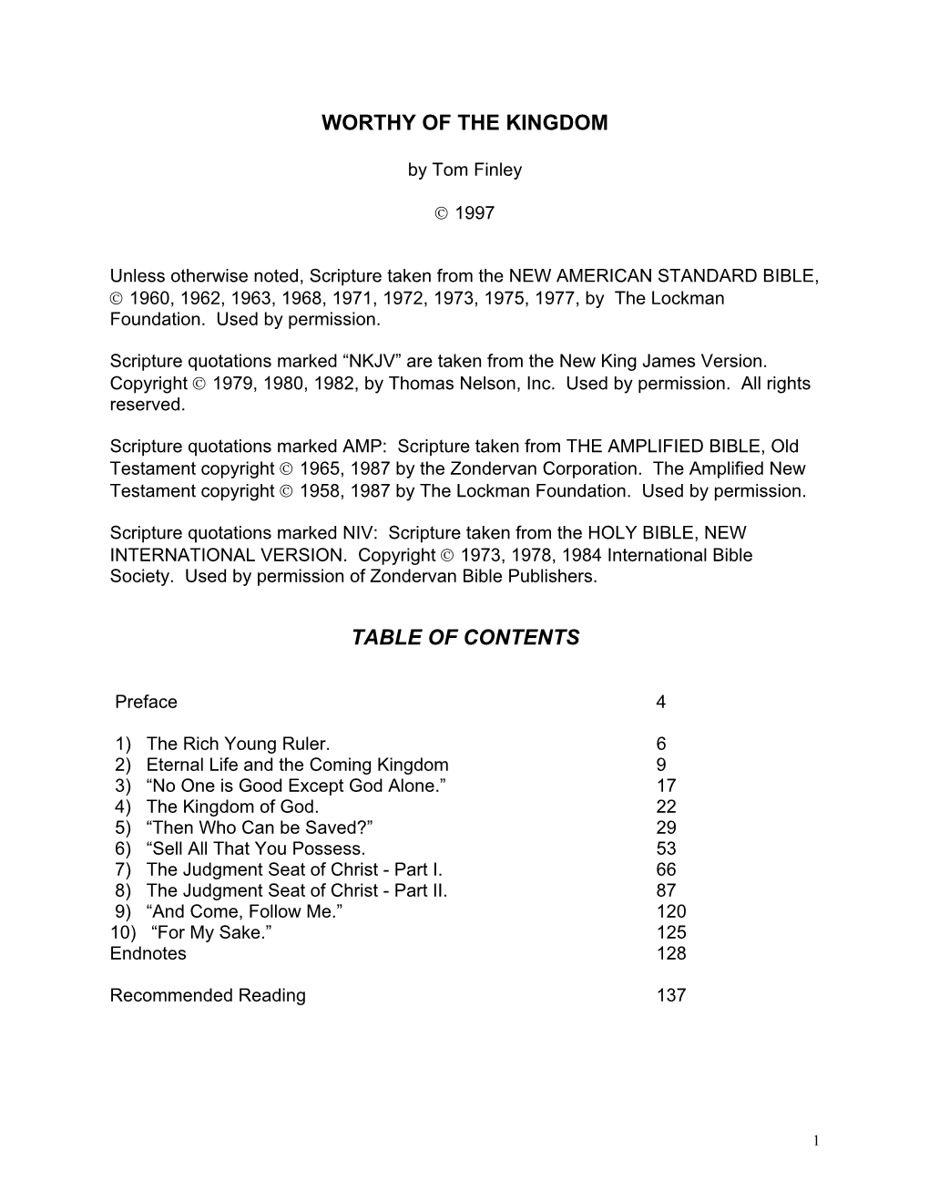 Worthy of the Kingdom Table of Contents