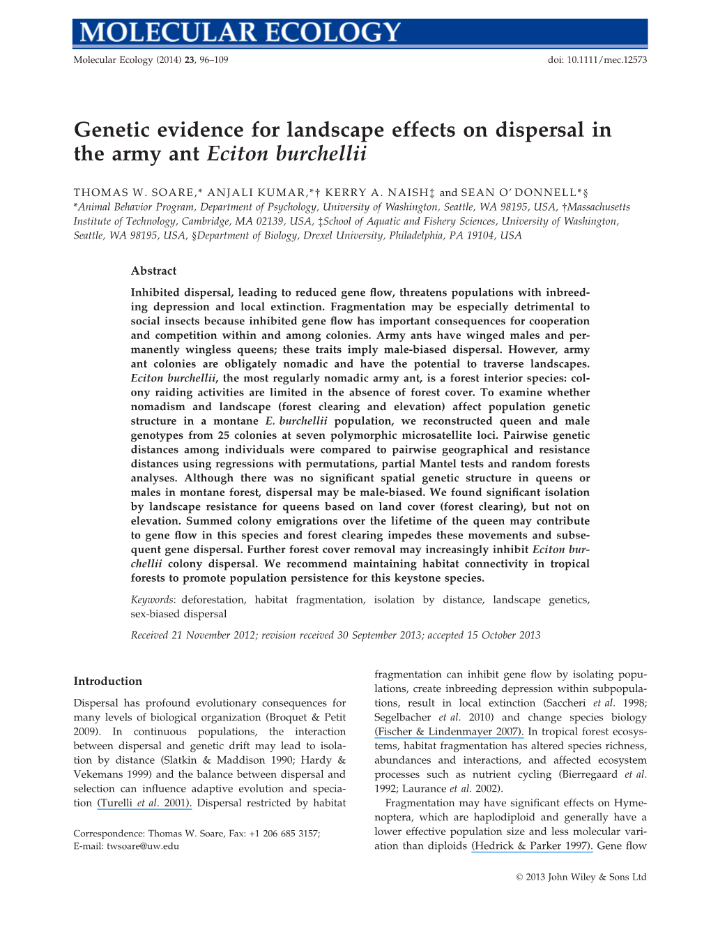 Genetic Evidence for Landscape Effects on Dispersal in the Army Ant Eciton Burchellii