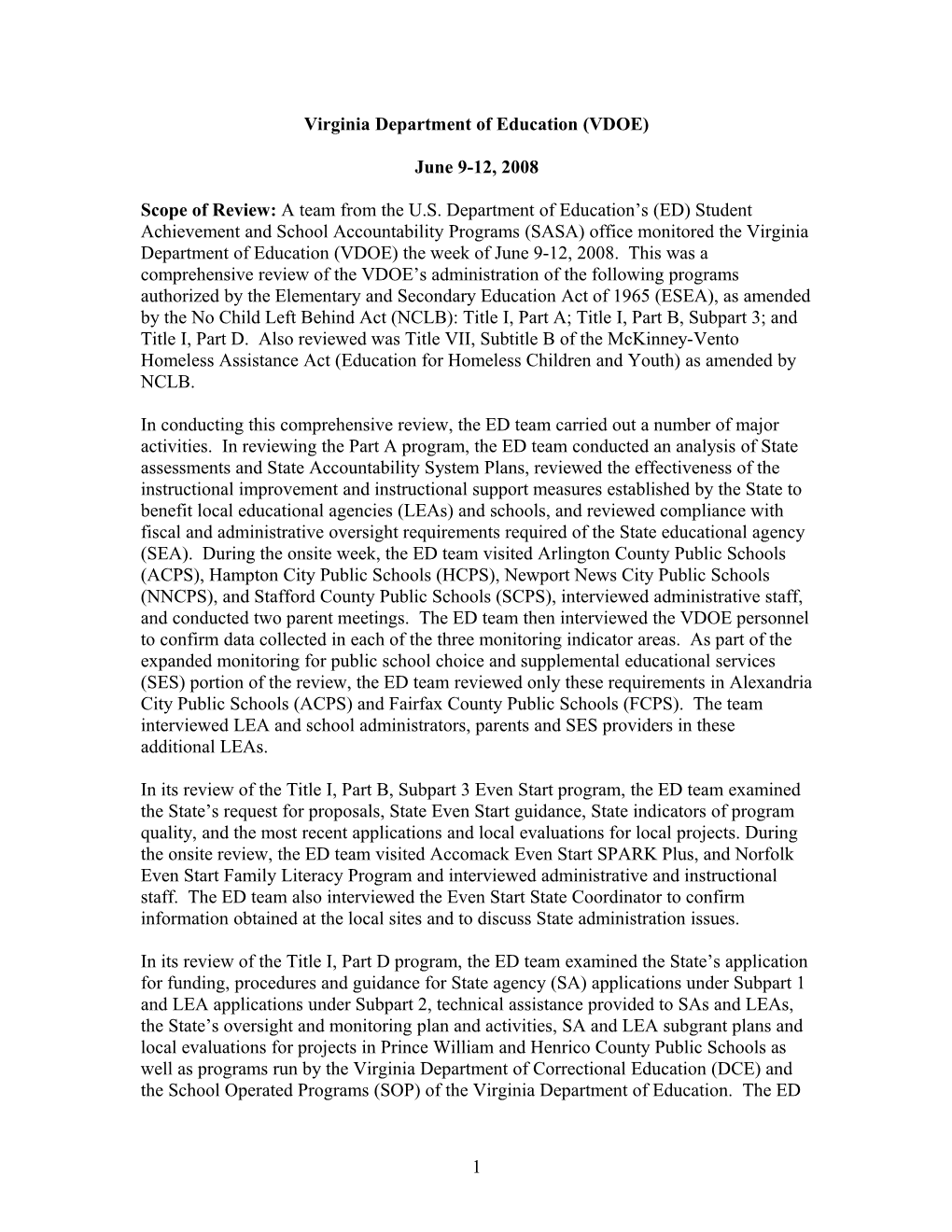 SASA Title I Monitoring Report for Virginia, June 9-12, 2008 (MS Word)