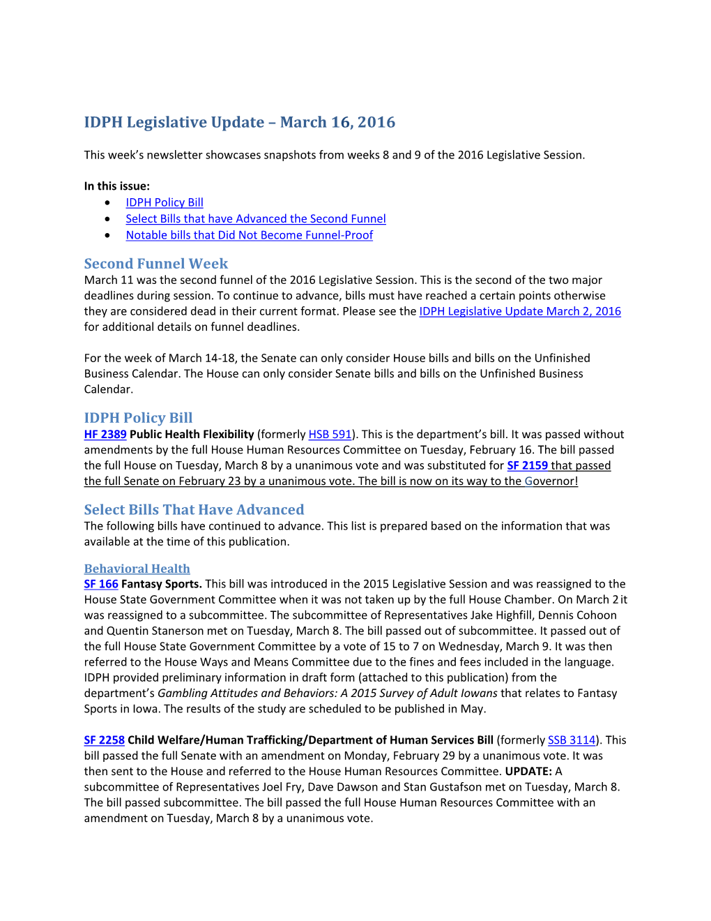 IDPH Legislative Update – March 16, 2016