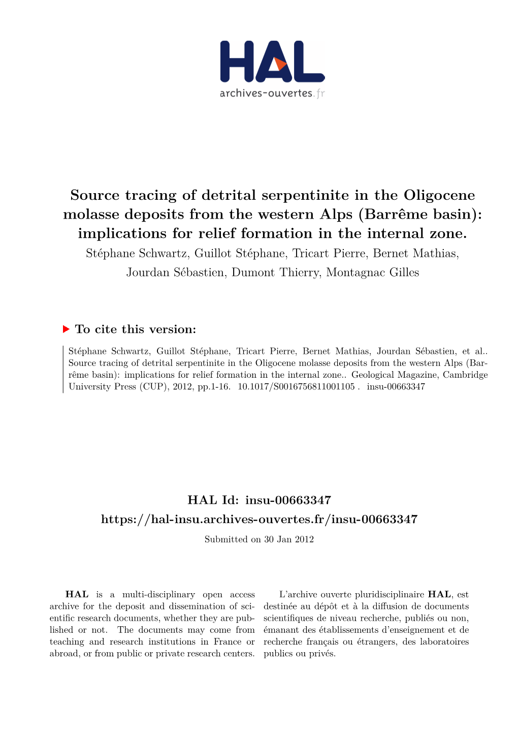 Source Tracing of Detrital Serpentinite in the Oligocene Molasse Deposits