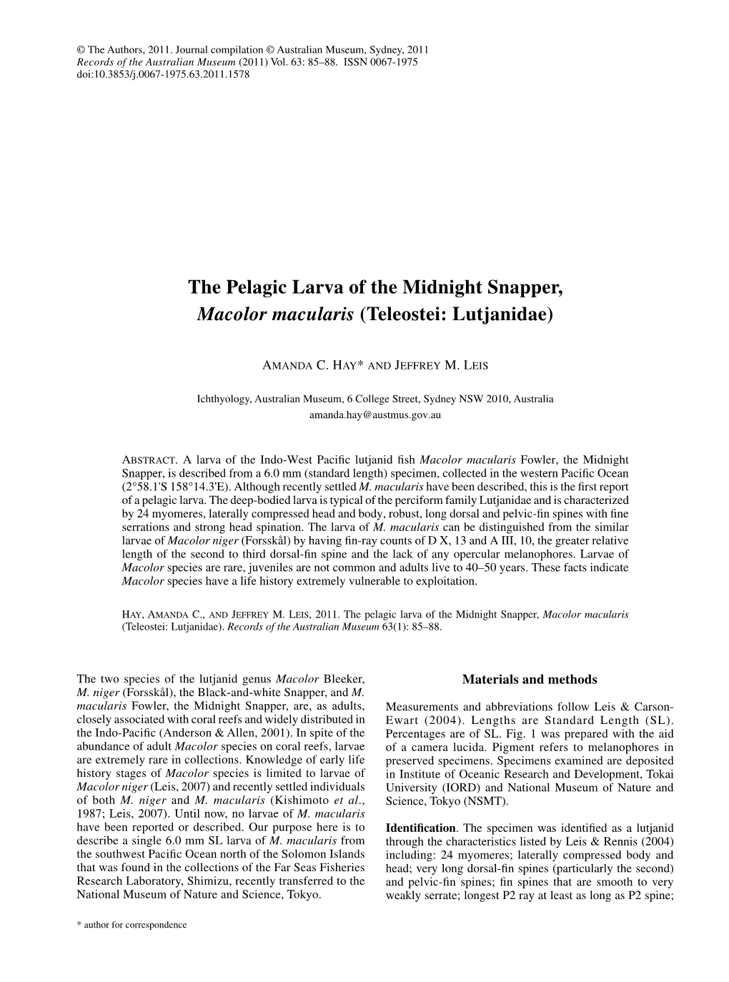 The Pelagic Larva of the Midnight Snapper, Macolor Macularis (Teleostei: Lutjanidae)