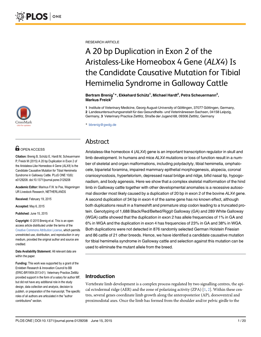 A 20 Bp Duplication in Exon 2 of the Aristaless-Like Homeobox 4 Gene (ALX4)Is the Candidate Causative Mutation for Tibial Hemimelia Syndrome in Galloway Cattle
