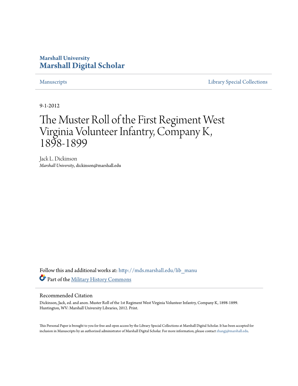 The Muster Roll of the First Regiment West Virginia Volunteer Infantry