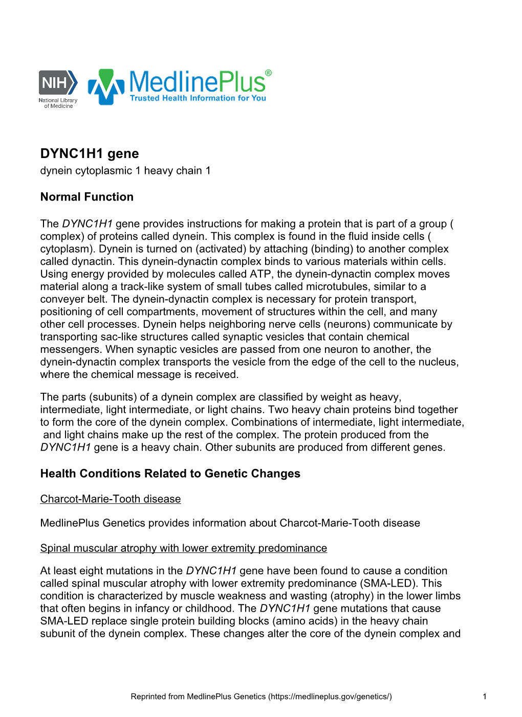 DYNC1H1 Gene Dynein Cytoplasmic 1 Heavy Chain 1