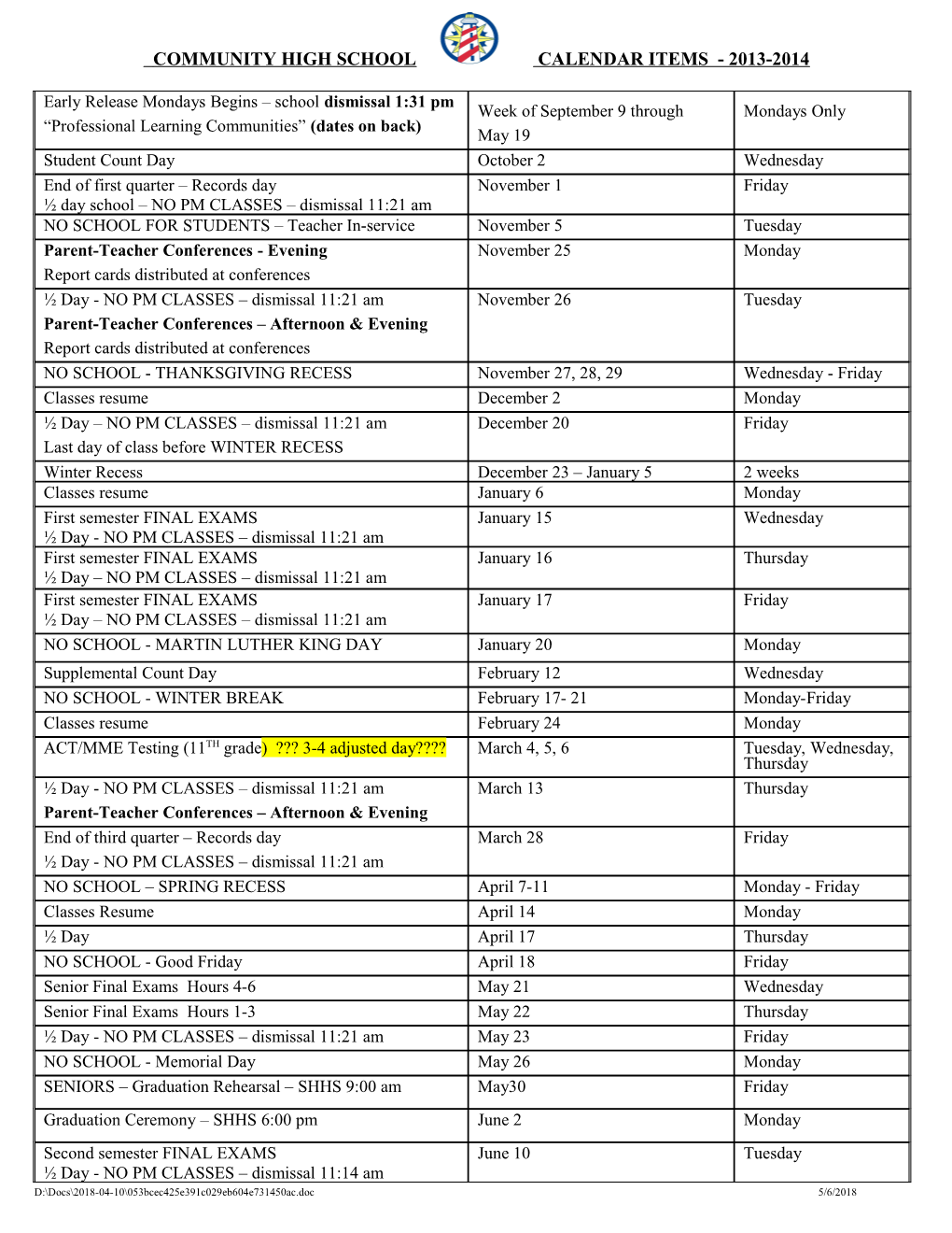 Community High School - Calendar Items - 2003/2004