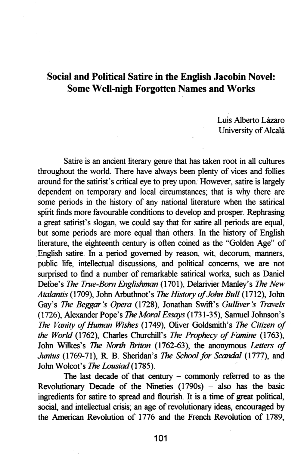 Social and Political Satire in the English Jacobin Novel: Some Well-Nigh Forgotten Names and Works