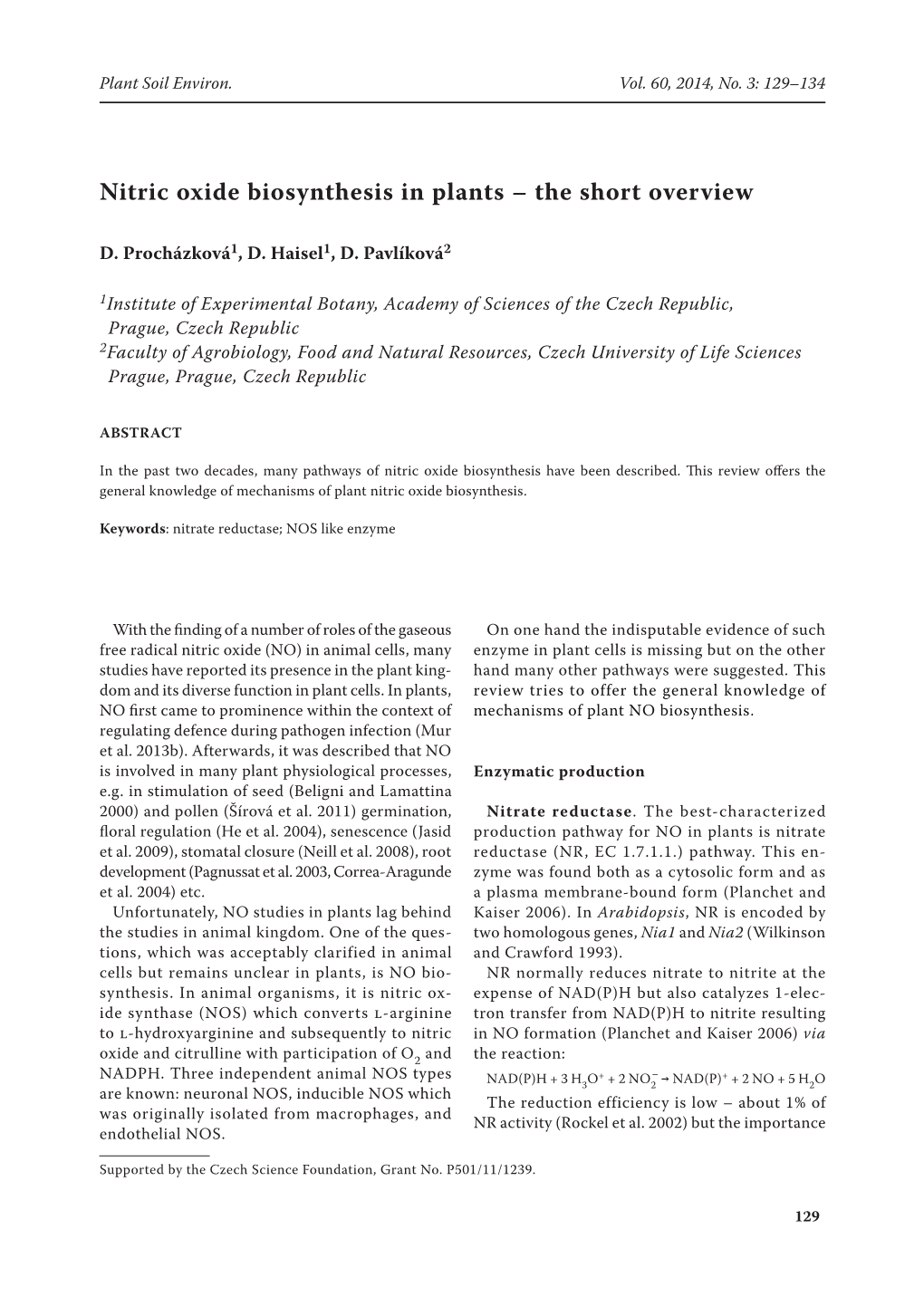 Nitric Oxide Biosynthesis in Plants – the Short Overview