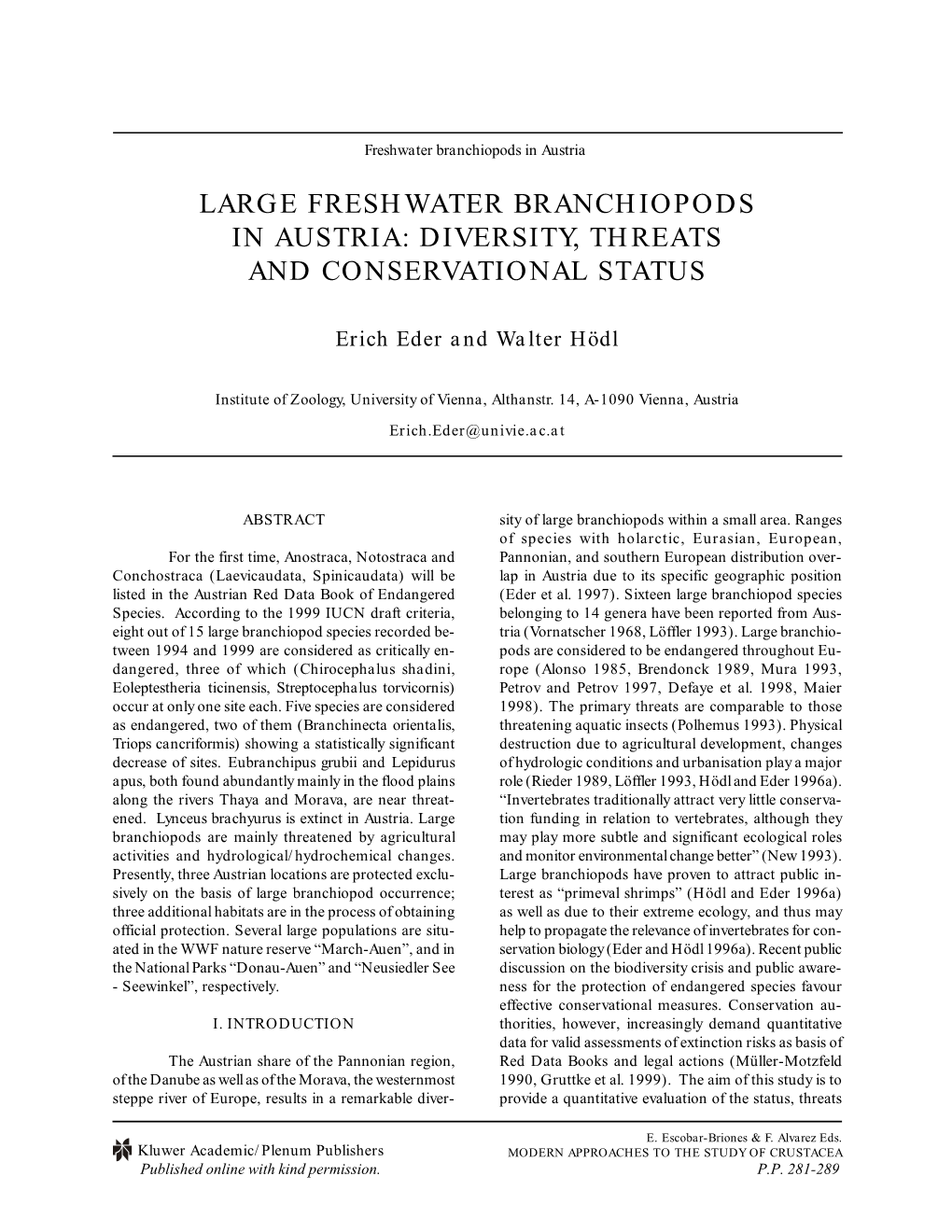 Large Freshwater Branchiopods in Austria: Diversity, Threats, And